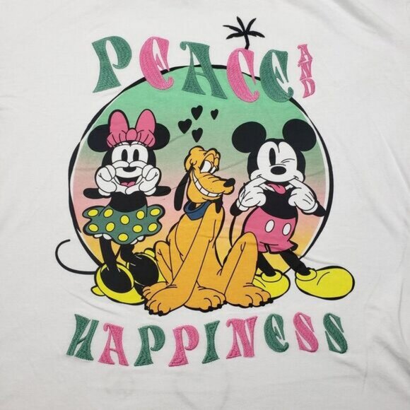Disney‎ Mickey Mouse Top Womens XL White Short Sleeve Peace And Happiness - Picture 2 of 5